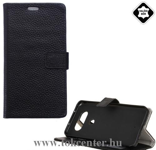 LG Q8 (H970) Tok álló, valódi bőr (FLIP, oldalra nyíló, asztali tartó funkció) FEKETE	