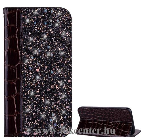 SAMSUNG Galaxy S10 Plus (SM-G975) Tok álló (FLIP, oldalra nyíló, asztali tartó funkció, csillámporos, krokodilbőr minta) FEKETE	