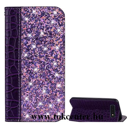 SAMSUNG Galaxy S10 Plus (SM-G975) Tok álló (FLIP, oldalra nyíló, asztali tartó funkció, csillámporos, krokodilbőr minta) LILA	