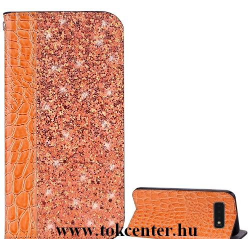 SAMSUNG Galaxy S10 (SM-G973) Tok álló (FLIP, oldalra nyíló, asztali tartó funkció, csillámporos, krokodilbőr minta) NARANCS	