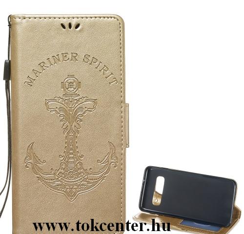 SAMSUNG Galaxy S10 (SM-G973) Tok álló, bőr (FLIP, oldalra nyíló, asztali tartó funkció, csuklópánt, vasmacska minta) ARANY	