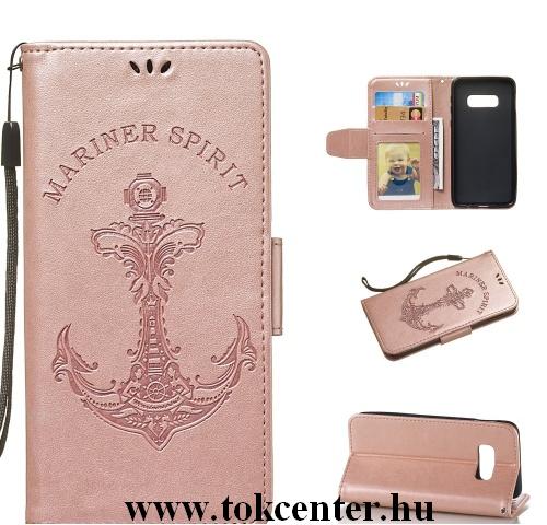 SAMSUNG Galaxy S10 (SM-G973) Tok álló, bőr (FLIP, oldalra nyíló, asztali tartó funkció, csuklópánt, vasmacska minta) ROZÉARANY	