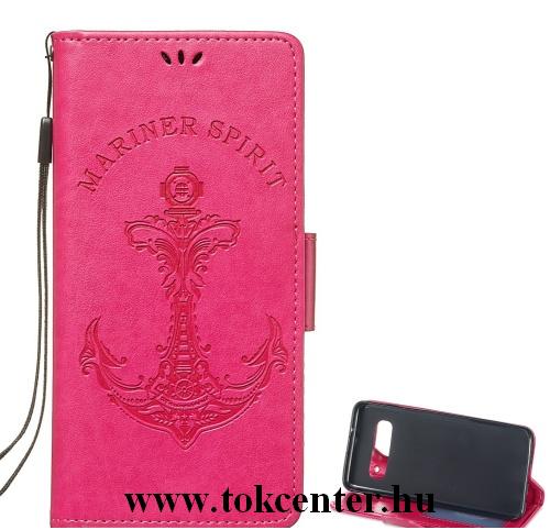 SAMSUNG Galaxy S10e (SM-G970) Tok álló, bőr (FLIP, oldalra nyíló, asztali tartó funkció, csuklópánt, vasmacska minta) RÓZSASZÍN	