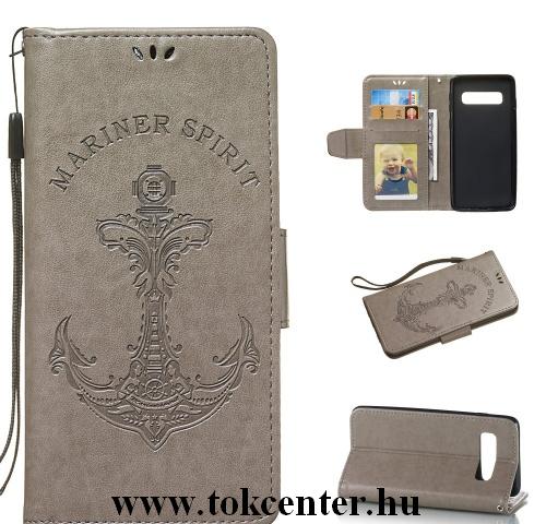 SAMSUNG Galaxy S10 (SM-G973) Tok álló, bőr (FLIP, oldalra nyíló, asztali tartó funkció, csuklópánt, vasmacska minta) SZÜRKE	