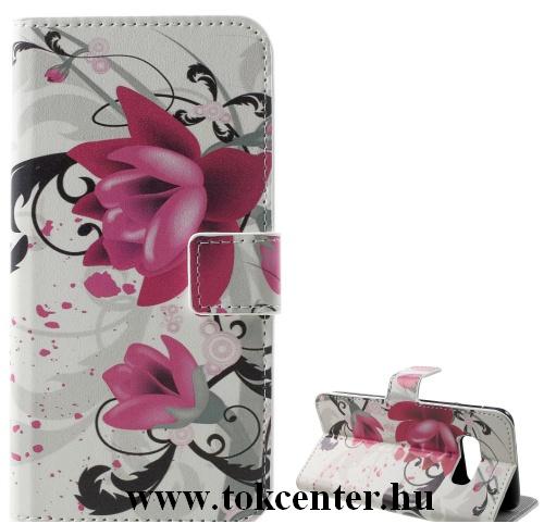 SAMSUNG Galaxy S10 (SM-G973) Tok álló, bőr (FLIP, oldalra nyíló, asztali tartó funkció, lótuszvirág minta) FEHÉR	