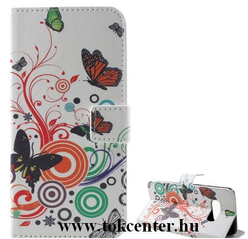 SAMSUNG Galaxy S10 (SM-G973) Tok álló, bőr (FLIP, oldalra nyíló, asztali tartó funkció, pillangó, körminta) FEHÉR	