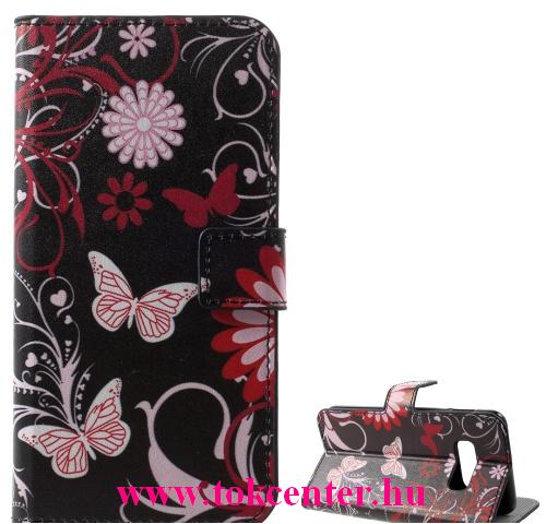 SAMSUNG Galaxy S10e (SM-G970) Tok álló, bőr (FLIP, oldalra nyíló, asztali tartó funkció, pillangó, virágminta) FEKETE	