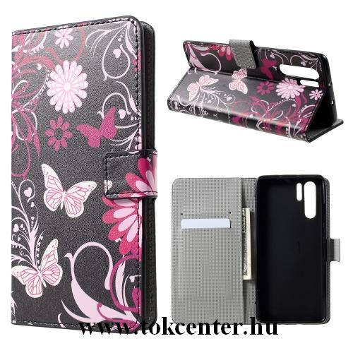 HUAWEI P30 Pro Tok álló, bőr (FLIP, oldalra nyíló, asztali tartó funkció, pillangó, virágminta) FEKETE	