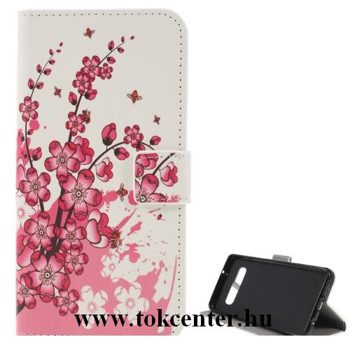 SAMSUNG Galaxy S10 (SM-G973) Tok álló, bőr (FLIP, oldalra nyíló, asztali tartó funkció, virágminta) FEHÉR	