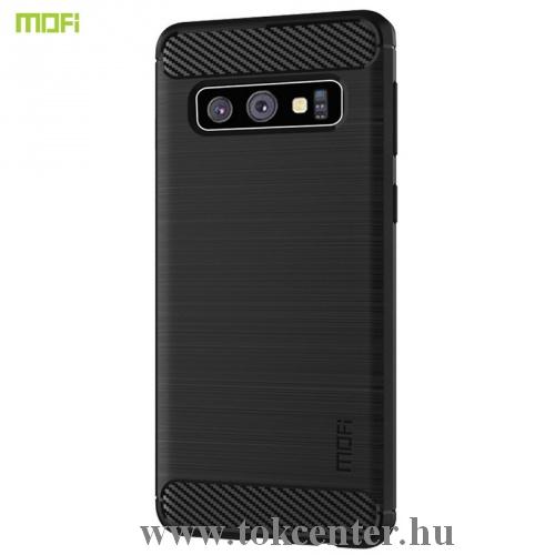 SAMSUNG Galaxy S10 (SM-G973) MOFI telefonvédő gumi / szilikon (közepesen ütésálló, légpárnás sarok, szálcsiszolt, karbonminta) FEKETE	