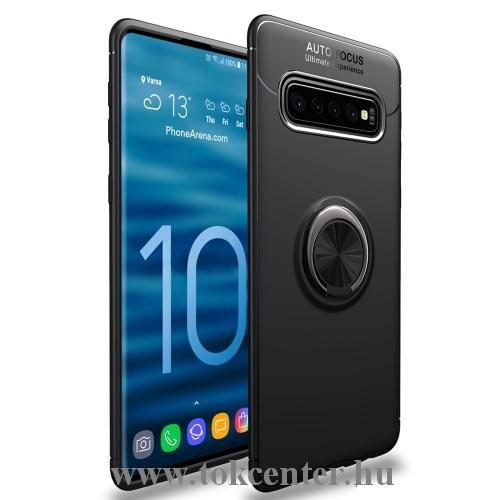 SAMSUNG Galaxy S10 (SM-G973) Telefonvédő gumi / szilikon (asztali tartó funkció, telefontartó gyűrű, 360°-ban forgatható, beépített fémlemez) FEKETE	