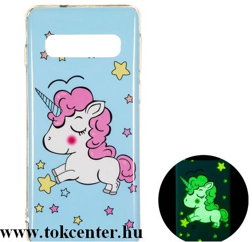 SAMSUNG Galaxy S10 (SM-G973) Telefonvédő gumi / szilikon (fluoreszkáló, csillag, unikornis minta) VILÁGOSKÉK	