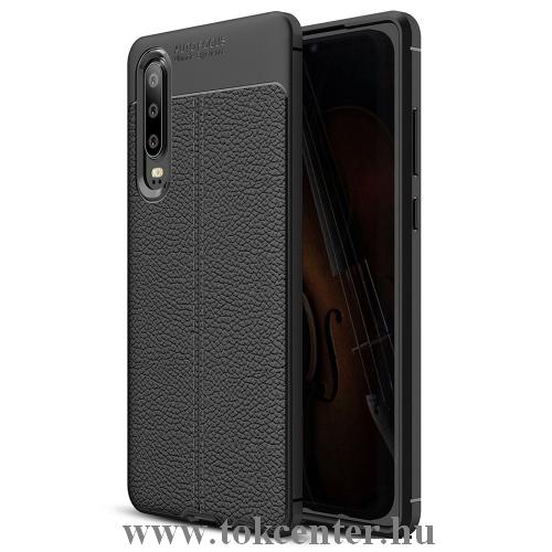 HUAWEI P30 Telefonvédő gumi / szilikon (közepesen ütésálló, bőrhatás, varrás minta) FEKETE	
