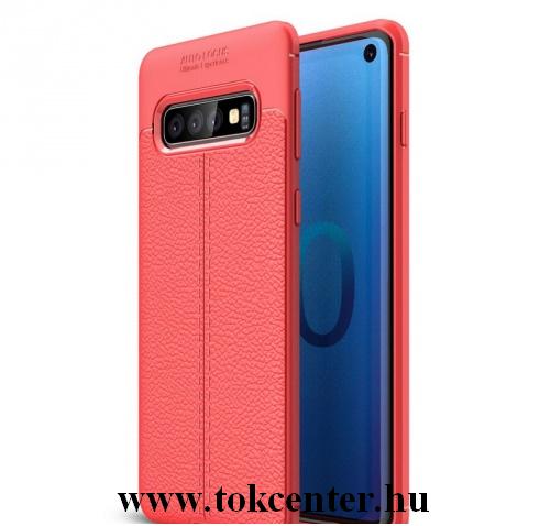 SAMSUNG Galaxy S10 (SM-G973) Telefonvédő gumi / szilikon (közepesen ütésálló, bőrhatás, varrás minta) PIROS	