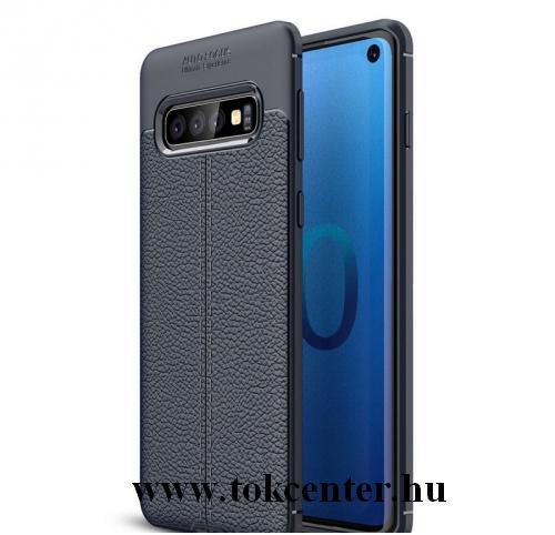 SAMSUNG Galaxy S10 (SM-G973) Telefonvédő gumi / szilikon (közepesen ütésálló, bőrhatás, varrás minta) SÖTÉTKÉK	