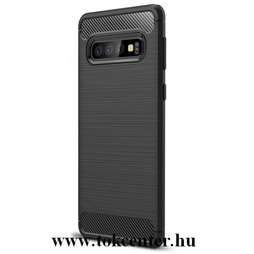 SAMSUNG Galaxy S10 Plus (SM-G975) Telefonvédő gumi / szilikon (közepesen ütésálló, légpárnás sarok, szálcsiszolt, karbonminta) FEKETE	
