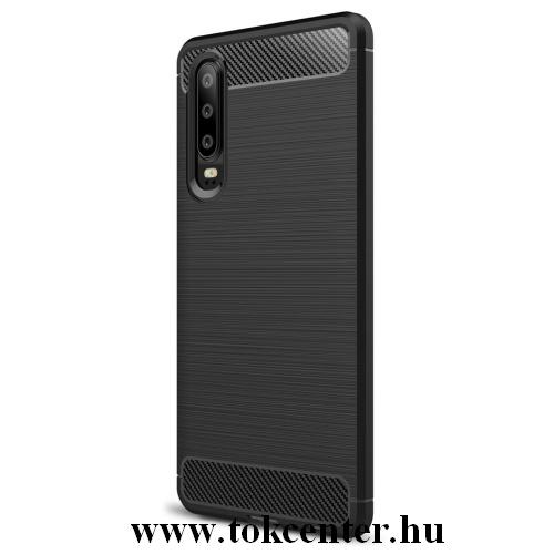 HUAWEI P30 Telefonvédő gumi / szilikon (közepesen ütésálló, légpárnás sarok, szálcsiszolt, karbonminta) FEKETE	