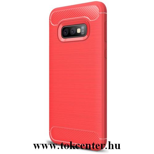 SAMSUNG Galaxy S10e (SM-G970) Telefonvédő gumi / szilikon (közepesen ütésálló, légpárnás sarok, szálcsiszolt, karbonminta) PIROS	
