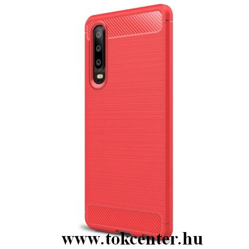HUAWEI P30 Telefonvédő gumi / szilikon (közepesen ütésálló, légpárnás sarok, szálcsiszolt, karbonminta) PIROS	