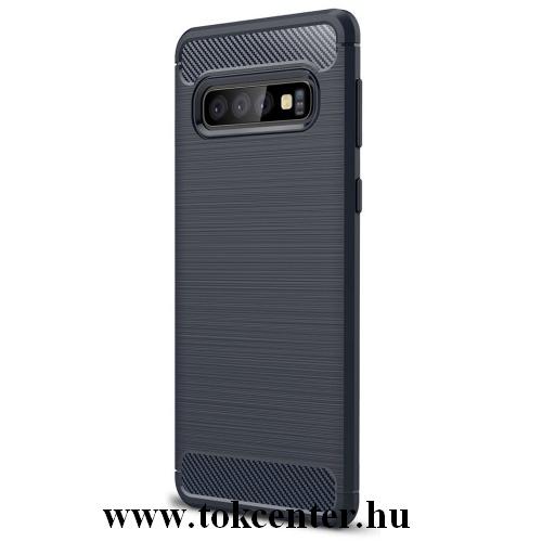 SAMSUNG Galaxy S10 (SM-G973) Telefonvédő gumi / szilikon (közepesen ütésálló, légpárnás sarok, szálcsiszolt, karbonminta) SÖTÉTKÉK	