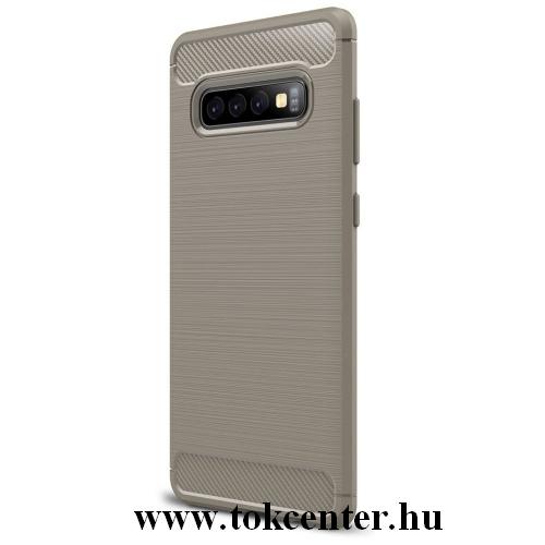 SAMSUNG Galaxy S10 (SM-G973) Telefonvédő gumi / szilikon (közepesen ütésálló, légpárnás sarok, szálcsiszolt, karbonminta) SZÜRKE	
