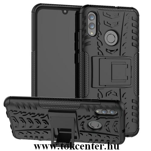 HUAWEI Honor 10 Lite /HUAWEI P Smart (2019) Defender műanyag telefonvédő (közepesen ütésálló, gumi / szilikon belső, kitámasztó, autógumi minta) FEKETE	