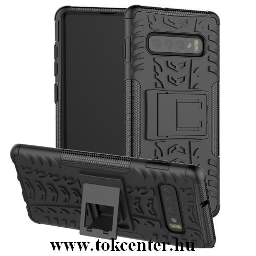 SAMSUNG Galaxy S10 (SM-G973) Defender műanyag telefonvédő (közepesen ütésálló, gumi / szilikon belső, kitámasztó, autógumi minta) FEKETE	