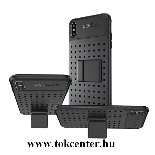 APPLE IPhone XS Max 6.5 Műanyag telefonvédő (szilikon keret, lyukacsos minta, levehető asztali tartó) FEKETE	