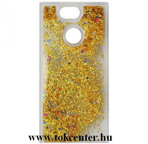 SONY Xperia XA2 (H4113) Telefonvédő gumi / szilikon (csillogó, flitteres folyadék hátlap) ARANY	