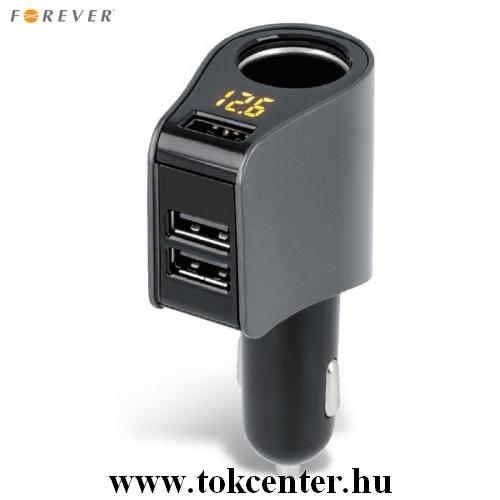Szivargyújtó adapter (elosztó) 3in1 + USB csatlakozás (szivar: 12V / 700 mA, 3 x USB: 5V / 3100 mA, LED kijelző) FEKETE	