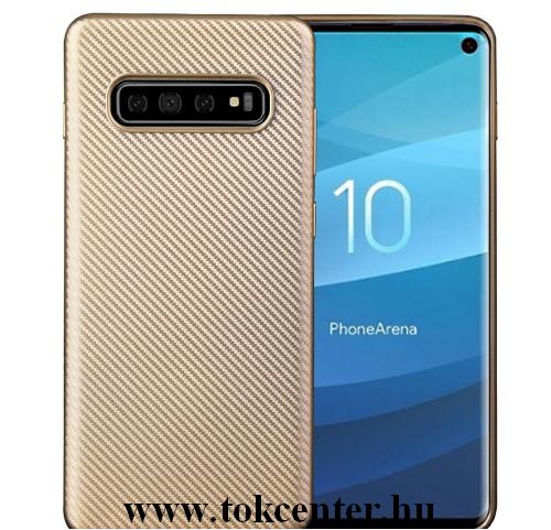 SAMSUNG Galaxy S10 Plus (SM-G975) Telefonvédő gumi / szilikon (karbon minta) ARANY	