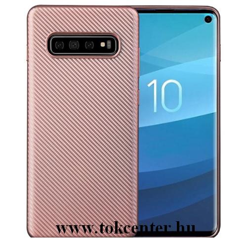 SAMSUNG Galaxy S10 Plus (SM-G975) Telefonvédő gumi / szilikon (karbon minta) ROZÉARANY	