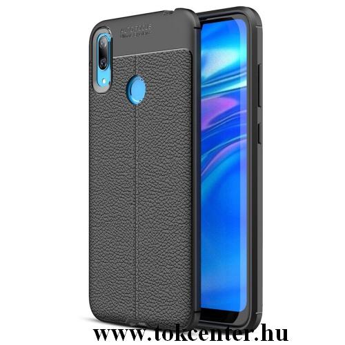 HUAWEI Y7 (2019) Telefonvédő gumi / szilikon (közepesen ütésálló, bőrhatás, varrás minta) FEKETE	