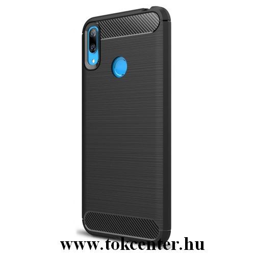 HUAWEI Y7 (2019) Telefonvédő gumi / szilikon (közepesen ütésálló, légpárnás sarok, szálcsiszolt, karbonminta) FEKETE	