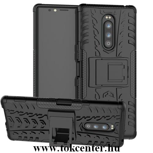 SONY Xperia 1 Defender műanyag telefonvédő (közepesen ütésálló, gumi / szilikon belső, kitámasztó, autógumi minta) FEKETE	