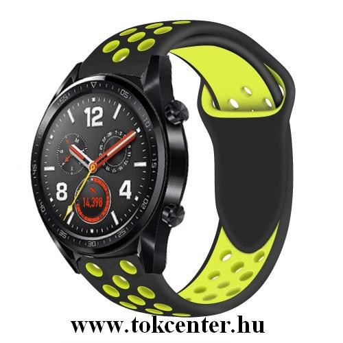 Pótszíj (szilikon, lyukacsos, légáteresztő) FEKETE / SÁRGA Huawei Watch GT / Honor Watch Magic	