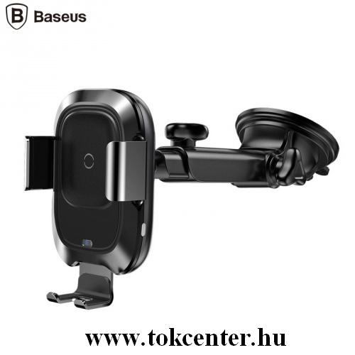 BASEUS autós tartó (tapadókorongos, dönthető, teleszkóp, QI Wireless, vezeték nélküli töltés, 10W automata) FEKETE	