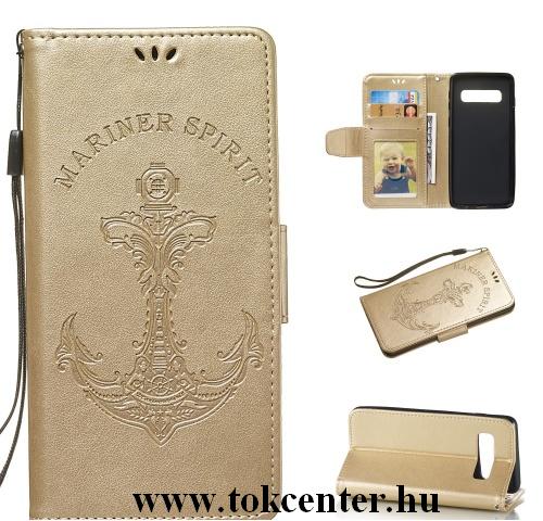 SAMSUNG Galaxy S10 Plus (SM-G975) Tok álló, bőr (FLIP, oldalra nyíló, asztali tartó funkció, csuklópánt, vasmacska minta) ARANY	