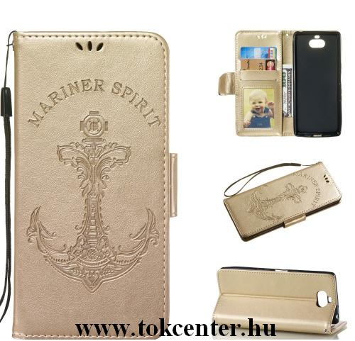 SONY Xperia 10 (L4113) Tok álló, bőr (FLIP, oldalra nyíló, asztali tartó funkció, csuklópánt, vasmacska minta) ARANY	