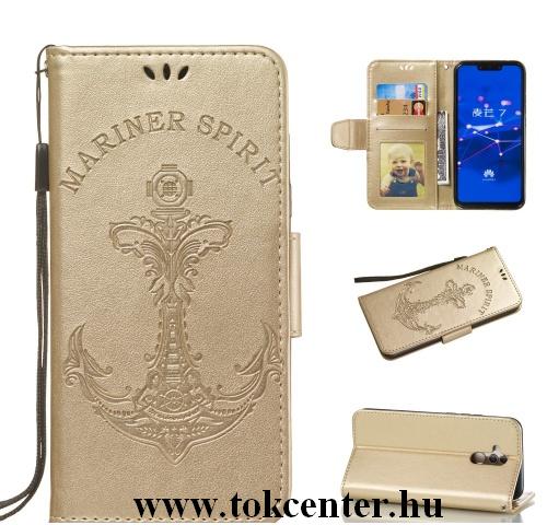 HUAWEI Mate 20 Lite Tok álló, bőr (FLIP, oldalra nyíló, asztali tartó funkció, csuklópánt, vasmacska minta) ARANY	