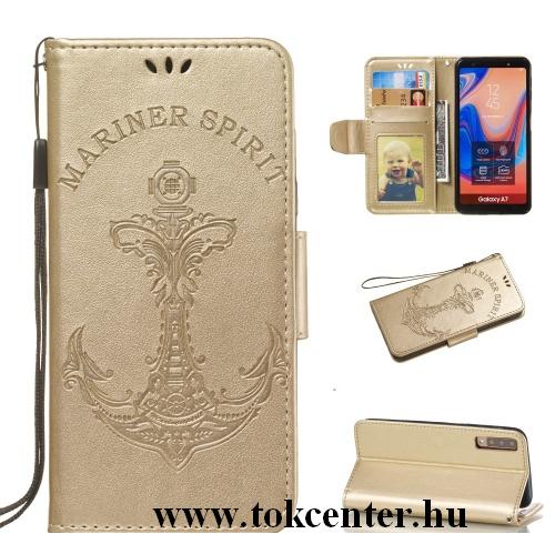SAMSUNG Galaxy A7 (2018) SM-A750F Tok álló, bőr (FLIP, oldalra nyíló, asztali tartó funkció, csuklópánt, vasmacska minta) ARANY	