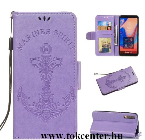 SAMSUNG Galaxy A7 (2018) SM-A750F Tok álló, bőr (FLIP, oldalra nyíló, asztali tartó funkció, csuklópánt, vasmacska minta) LILA	