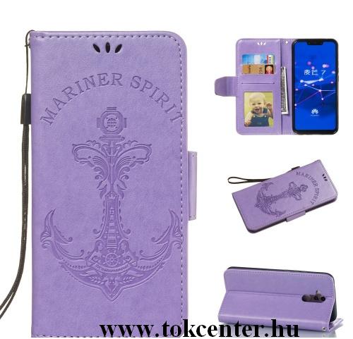 HUAWEI Mate 20 Lite Tok álló, bőr (FLIP, oldalra nyíló, asztali tartó funkció, csuklópánt, vasmacska minta) LILA	