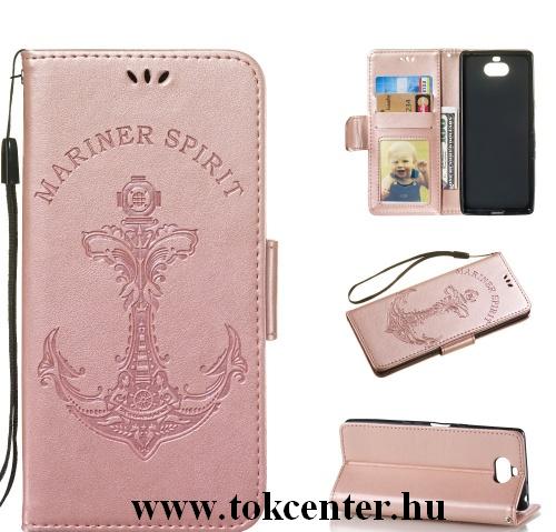 SONY Xperia 10 (L4113) Tok álló, bőr (FLIP, oldalra nyíló, asztali tartó funkció, csuklópánt, vasmacska minta) ROZÉARANY	