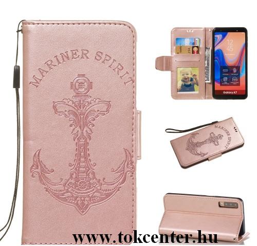 SAMSUNG Galaxy A7 (2018) SM-A750F Tok álló, bőr (FLIP, oldalra nyíló, asztali tartó funkció, csuklópánt, vasmacska minta) ROZÉARANY	