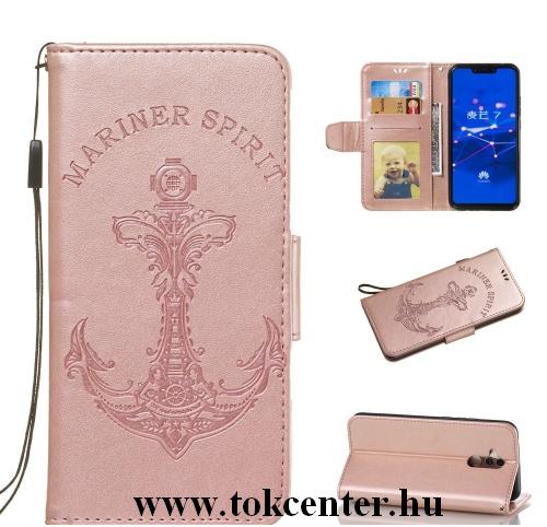 HUAWEI Mate 20 Lite Tok álló, bőr (FLIP, oldalra nyíló, asztali tartó funkció, csuklópánt, vasmacska minta) ROZÉARANY	
