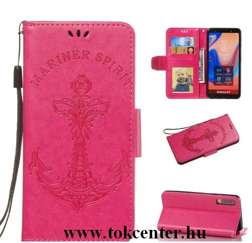 SAMSUNG Galaxy A7 (2018) SM-A750F Tok álló, bőr (FLIP, oldalra nyíló, asztali tartó funkció, csuklópánt, vasmacska minta) RÓZSASZÍN	