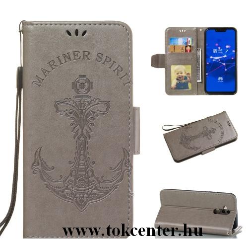 HUAWEI Mate 20 Lite Tok álló, bőr (FLIP, oldalra nyíló, asztali tartó funkció, csuklópánt, vasmacska minta) SZÜRKE	