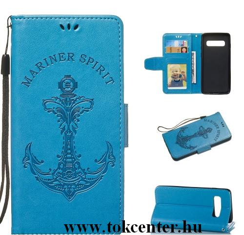 SAMSUNG Galaxy S10 Plus (SM-G975) Tok álló, bőr (FLIP, oldalra nyíló, asztali tartó funkció, csuklópánt, vasmacska minta) VILÁGOSKÉK	