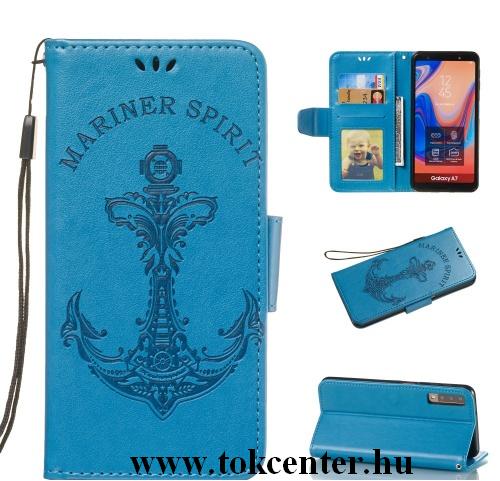 SAMSUNG Galaxy A7 (2018) SM-A750F Tok álló, bőr (FLIP, oldalra nyíló, asztali tartó funkció, csuklópánt, vasmacska minta) VILÁGOSKÉK	